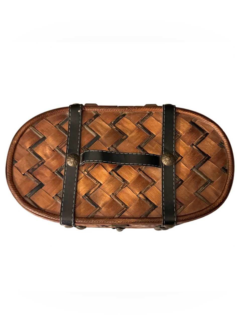 Vintage Woven Wood Box Leather Straps Metal Latch Hinges Antique Style - Picture 7 of 7